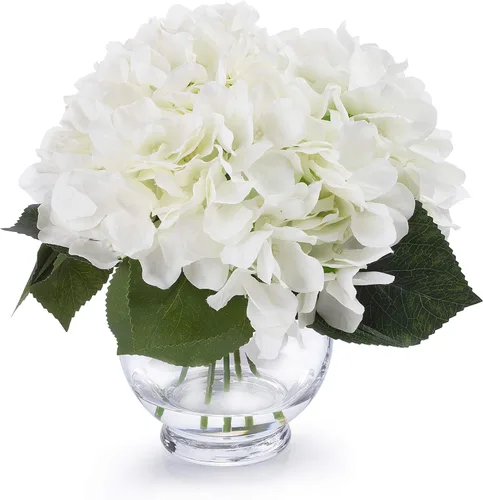 Vista 6 de Arreglo de flores de hortensias de seda artificial mixta en jarrón de vidrio transparente para decoración de boda del hogar (azul)