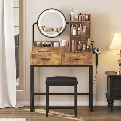 Vista 9 de Vabches Tocador de maquillaje con espejo redondo y luces, mesa de maquillaje blanca con estación de carga, mesa de tocador pequeña para dormitorio