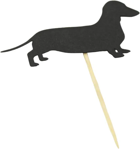 Vista 5 de Juego de 12 adornos para cupcakes de perro salchicha Weiner color negro, decoración de cumpleaños para mascotas