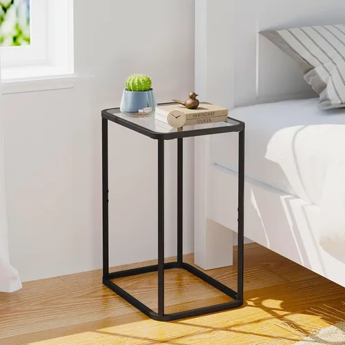 Vista 7 de Garden 4 you Mesa auxiliar de cristal, mesa auxiliar rectangular con marco de metal, moderna mesita de noche para oficina, dormitorio, sala de Negro