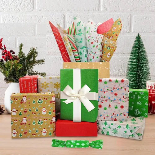 Vista 6 de AORZIT 120 hojas de papel de seda de Navidad, 12 diseños de papel de regalo con patrón de Navidad para bolsas de regalo, botellas de vino Navidad 90C