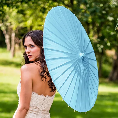 Vista 2 de Weddingstar Parasol de papel con deshuesado de bambú, Azul Aqua