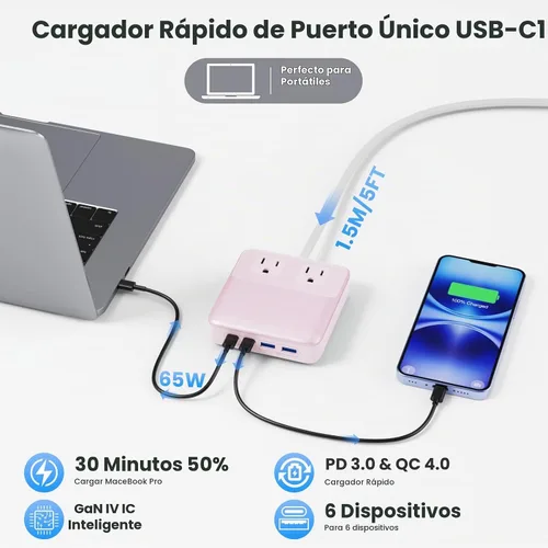 Vista 4 de Estación de carga de 135W con tira de alimentación USB C, bloque cargador USB C GaN 6 en 1 con enchufe y cable de 5 pies, 2 AC, 2 USB-A, 2 USB-C