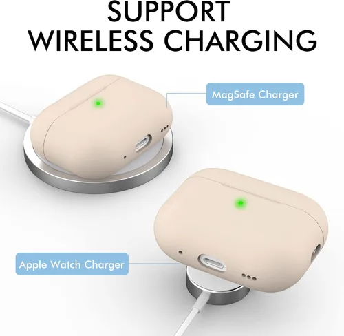 Vista 4 de NIUTRENDZ Funda para AirPods Pro 2 2022, funda protectora delgada de silicona que absorbe los golpes con cordón [LED frontal visible] (beige)