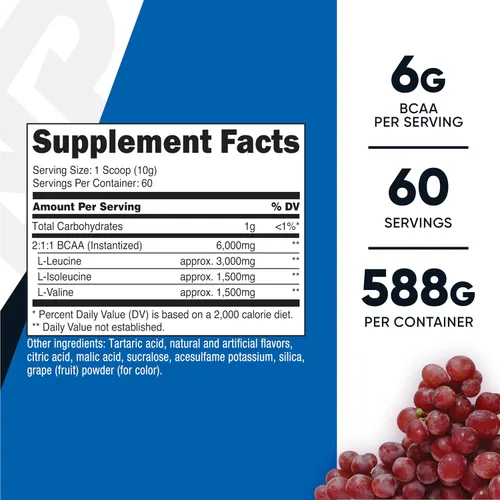 Vista 2 de Nutricost BCAA Polvo (Uva, 60 porciones) - Relación óptima 2:1:1, apto para vegetarianos, sin OMG, sin gluten Apto para vegetarianos, sin OMG