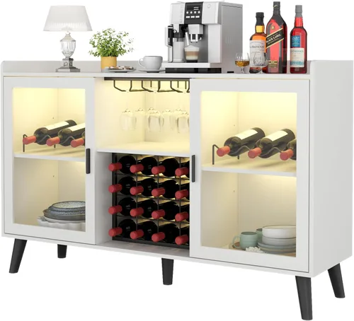 Vista 10 de Auromie Armario de bar de vinos con luz LED, gabinete de café para el hogar con estante para vino y vidrio, aparador de cocina con estantes de Negro