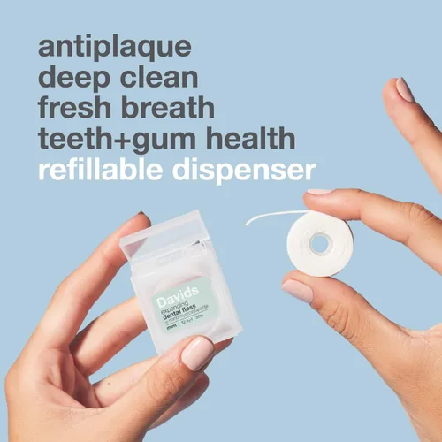 Vista 4 de Davids Hilo dental expandible, 2 carretes, más de 250 hebras tejidas sin roturas, encerado, vegano, con nano hidroxiapatita, manteca de cacao