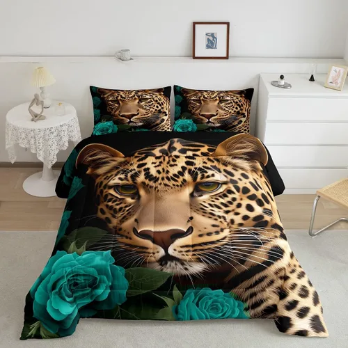 Vista 20 de Erosebridal Juego de ropa de cama de guepardo con rosa azul, juego de edredón con estampado de leopardo y gato, edredón romántico de plumón