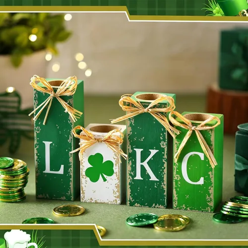 Vista 6 de MTLEE 4 piezas de decoración del día de San Patricio, portavelas de madera, velas de trébol, centro de mesa, decoración para el día de San Patricio