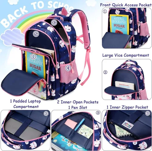 Vista 69 de Juego de mochila para niñas y adolescentes, mochila escolar para niños con bolsa para el almuerzo, estuche para lápices, mochilas escolares
