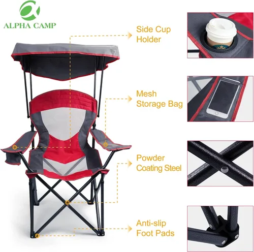 Vista 3 de ALPHA CAMP Silla de campamento con toldo de sombra, silla de campamento plegable con portavasos y bolsa de transporte para acampar al aire libre