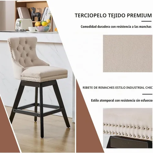Vista 6 de Juego de 2 taburetes de bar giratorios de altura de mostrador, modernos taburetes de bar para isla de cocina, taburetes de bar beige con respaldo