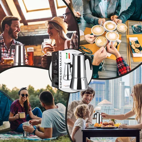 Vista 5 de Estufa de acero inoxidable Moka Pot Espresso Maker Percolator 12 tazas 20.3 fl oz portátil italiano Greca Cafetera cubana para gran familia, hogar