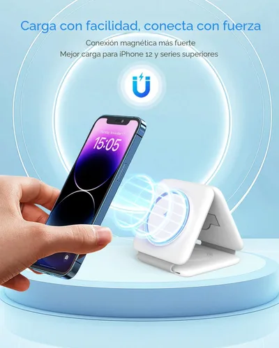 Vista 7 de Estación de carga para múltiples dispositivos Apple – Base de carga inalámbrica magnética plegable 3 en 1 – Almohadilla de carga de viaje para Blanco