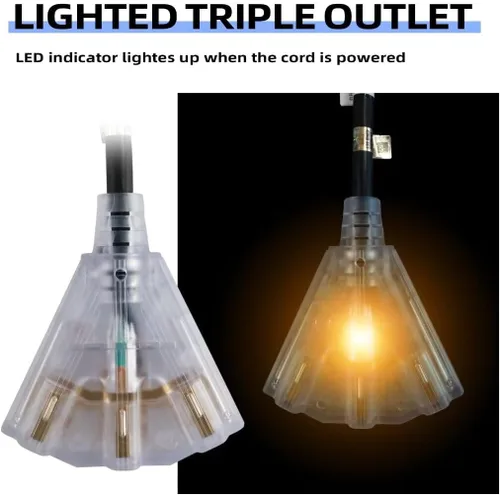 Vista 3 de Cable de extensión iluminado para exteriores de 6 pies con 3 tomas de corriente eléctrica - Cable de extensión negro resistente SJTW 12/3
