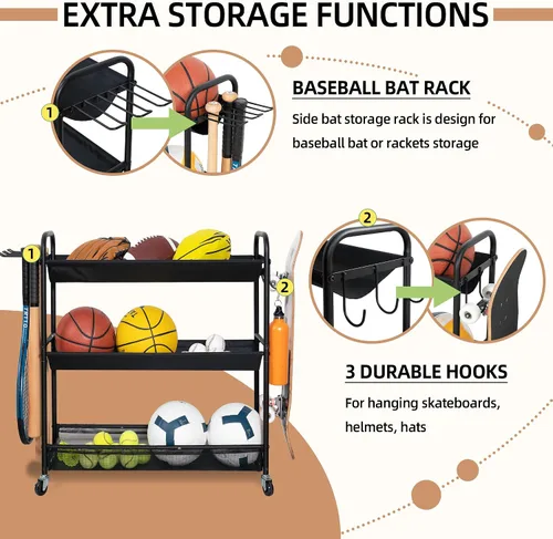 Vista 4 de STORAGE MANIAC - Soporte de entrenamiento de 3 estantes con ruedas Sports Ball Cart with Hooks, Rolling Ball Basket Storage for Garage or Gym