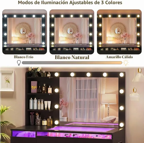 Vista 5 de HUAHUU Escritorio de tocador con espejo iluminado y parte superior transparente, escritorio de tocador de maquillaje con 4 cajones transparentes e