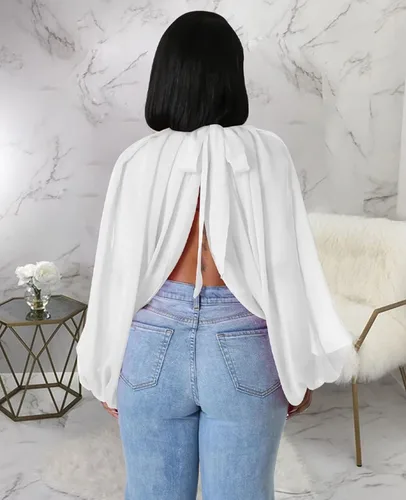Vista 4 de Blusas de gasa sueltas de verano con mangas de globo para mujer, blusas irregulares transparentes, ropa de playa