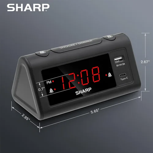 Vista 6 de Reloj de Alarma Sharp para Dormitorios, Carga USB-C Super Rápida y Carga USB de 2 Amperios Rápida, 2 Alarmas, Atenuador de 3 Pasos, Función Reposo