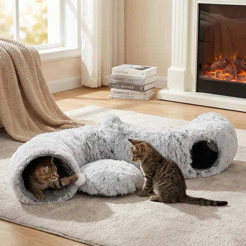 Vista 9 de Túnel Cama Cueva para Gatos con Juguetes de Catnip - Escondite Peekaboo para Gatos y Túnel Donut para Gatos - Túneles para Gatos 3-en-1 para Gatos