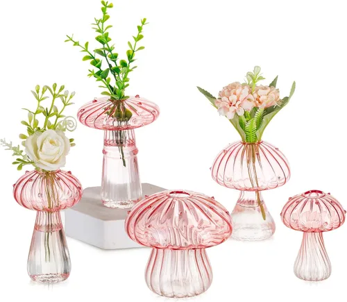 Vista 12 de Glasseam Jarrón de Seta de Cristal Ámbar: Lindo Juego de Jarrones Pequeños para Flores de 5 Jarrones Únicos Mini para Capullos para Centros de Mesa