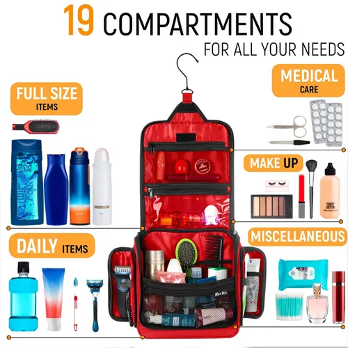 Vista 7 de Bolsa de aseo de viaje para hombres y mujeres - Organizador grande colgante de artículos de tocador - Bolsa de higiene impermeable con gancho