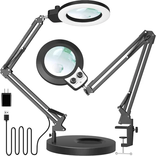 Vista 12 de KIRKAS Lupa 12X con luz y soporte, cualquier modo de color y brillo sin escalones, lámpara LED de aumento con abrazadera, lente de lupa 2 en 1