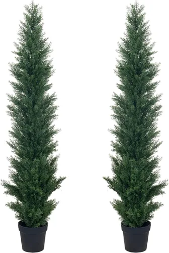 Vista 8 de HAIHONG 2 paquetes de árboles topiarios artificiales de cedro de 3 pies – árboles de ciprés topiario de boj falso, plantas en maceta, plantas