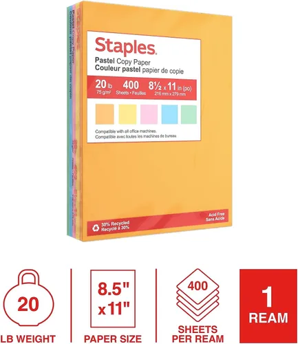 Vista 2 de Staples Papel multiusos pastel reciclado, 20 libras, 8.5 x 11 pulgadas, surtido, 400 hojas/paquete
