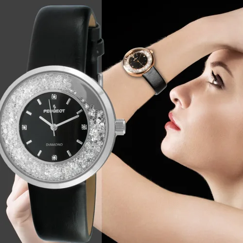 Vista 2 de Peugeot 3041SBK Reloj elegante, con correa negra fina, con diamantes auténticos y circonita cúbica, redondo y plateado, para mujer.
