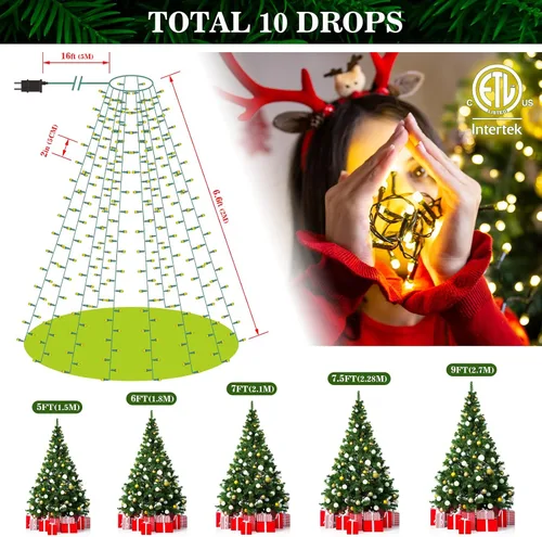 Vista 4 de Areker Luces de árbol de Navidad, 400 luces LED para árbol de Navidad con anillo, 10 x 6.6 pies, ultra brillantes, en forma de diamante, luces