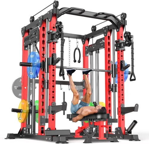 Vista 48 de Rack Multiusos para Sentadillas, Conjunto de Rack de Pesas Smith Machine con Sistema de Crossover de Cables, Racks de Potencia para Gimnasio