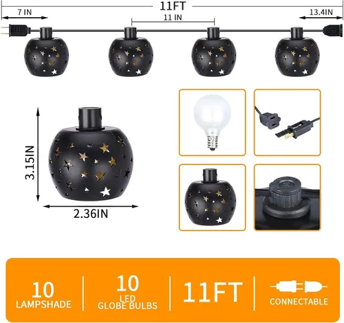 Vista 2 de Vigdur Guirnalda de luces tipo farol, tira de luces de estrella enchufable con 10 bombillas G40 transparentes y pantallas de plástico de estrella