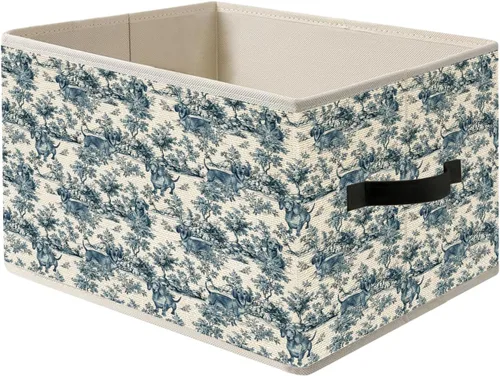 Vista 13 de Caja de Almacenamiento Floral Rústica Azul y Blanca con Asas, Canasta Organizadora Plegable Botánica de Flores Grandmillennial Caja de Juguetes