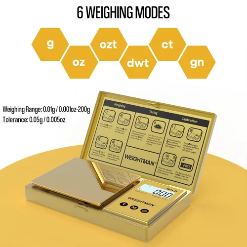 Vista 3 de WEIGHTMAN Báscula digital gramos, escala de bolsillo de 7.05 oz/0.00 oz, chapado en titanio dorado, pantalla LCD retroiluminada, mini báscula