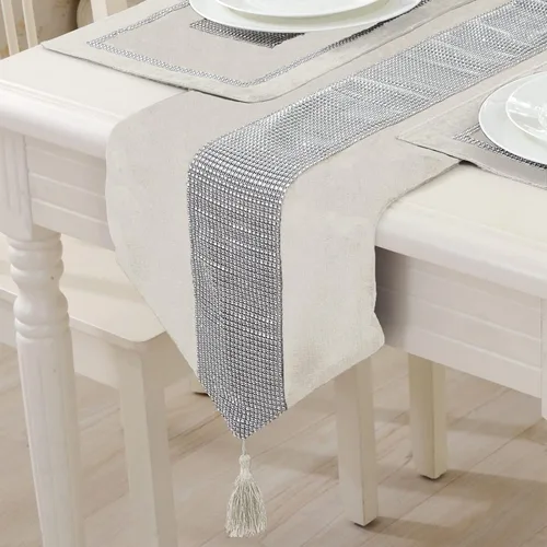 Vista 14 de Camino de mesa largo con lentejuelas y diamantes de imitación y borlas para comedor, Navidad, boda, fiesta, decoración de mesa
