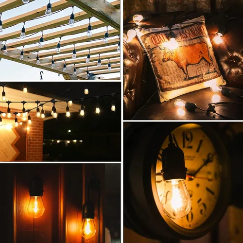 Vista 2 de LOKATSE HOME Tira de luces S14 de 54 pies para exteriores, 15 bombillas Edison (+ 1 repuesto), impermeable, inastillable, base E26, conectable