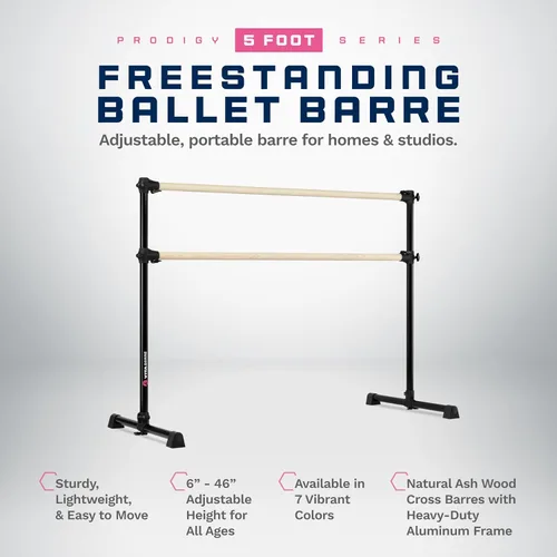 Vista 2 de Barra de ballet portátil independiente doble Vita Barre, Prodigy, de madera Altura ajustable, hecha en EE. UU., equipo de ejercicio para casa