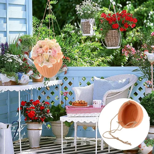 Vista 7 de Yardwe 1 juego de maceta colgante para plantas, elegante maceta de fresa, drenaje de cerámica, material para hierbas y decoración de jardín elegante