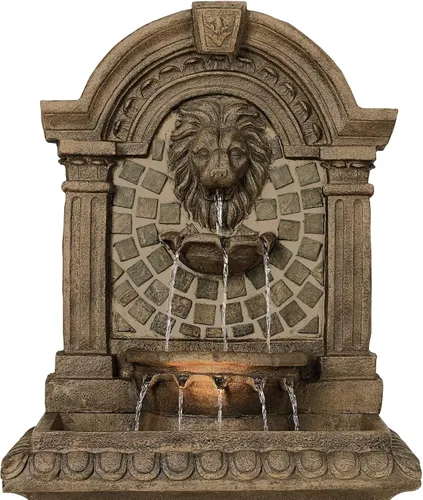 Vista 6 de Royal Lions Head - Fuente de suelo italiana grande de 51 pulgadas de alto para decoración al aire libre de piedra sintética con estatua de luz