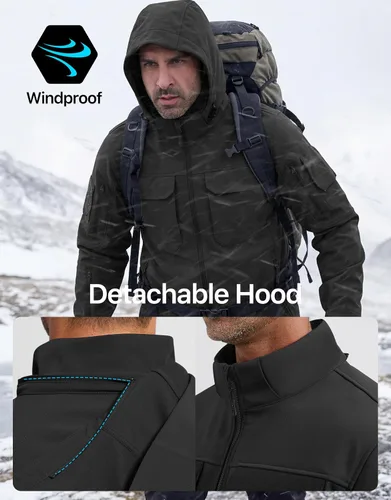 Vista 6 de FREE SOLDIER Chaqueta impermeable Softshell con forro polar para hombre, chaqueta táctica militar con capucha rompevientos