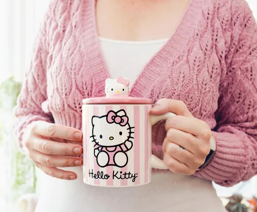 Vista 6 de Toynk Sanrio Hello Kitty - Taza de cerámica con tapa con diseño de rayas rosadas, taza de café grande para té, expreso, cacao, capacidad para 18