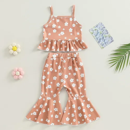 Vista 10 de Ropa de verano para bebé niña, sin mangas, estampado floral, correa acanalada, parte superior acampanada, pantalones de 2 piezas