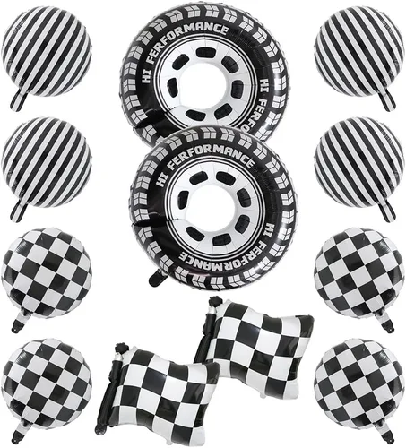Vista 8 de 12 globos de aluminio de automóvil de carreras blanco y negro, globos a cuadros con bandera a cuadros y globos de neumáticos de rueda caliente