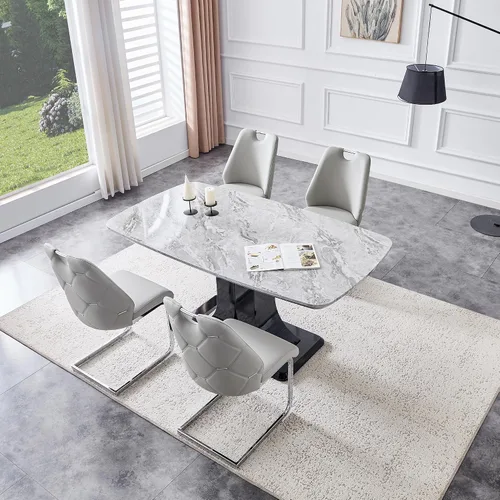Vista 20 de Juego de mesa de comedor moderno para 4, juego de sillas de mesa de cocina de mármol sintético, mesa rectangular de MDF de 63 pulgadas, sillas Negro
