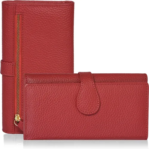 Vista 10 de Cartera de cuero genuino para mujer de cuero con bloqueo RFID - Tarjetero triple de diseñador para damas tipo clutch con ventana de identificación