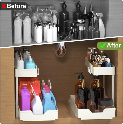 Vista 3 de Organizadores y almacenamiento para debajo del fregadero, organización de baño en forma de L, almacenamiento deslizante de 2 niveles para debajo