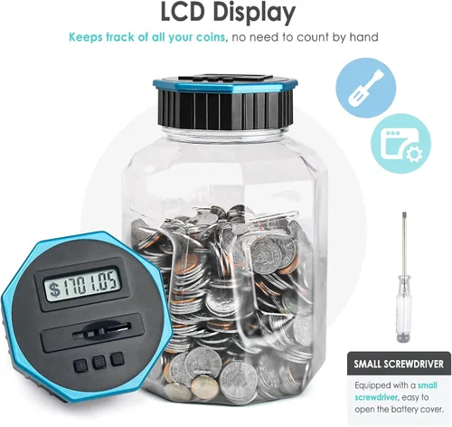 Vista 4 de Alcancía X-Large para adultos y niños, Vcertcpl banco digital contador de monedas con contador LCD, capacidad de 2.4L, excelente banco contador