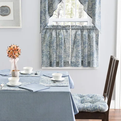 Vista 3 de Ellis Curtain Lexington Leaf Tailored Swags, Azul 56"x36