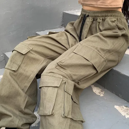 Vista 7 de Weierpidan Pantalones cargo para mujer, de cintura alta, estilo casual, con 10 bolsillos, ajuste relajado